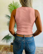 Embellished Rhinestone O-Neck Sleeveless Slim Ribbed Tank Top