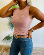 Embellished Rhinestone O-Neck Sleeveless Slim Ribbed Tank Top