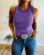 Embellished Rhinestone O-Neck Sleeveless Slim Ribbed Tank Top