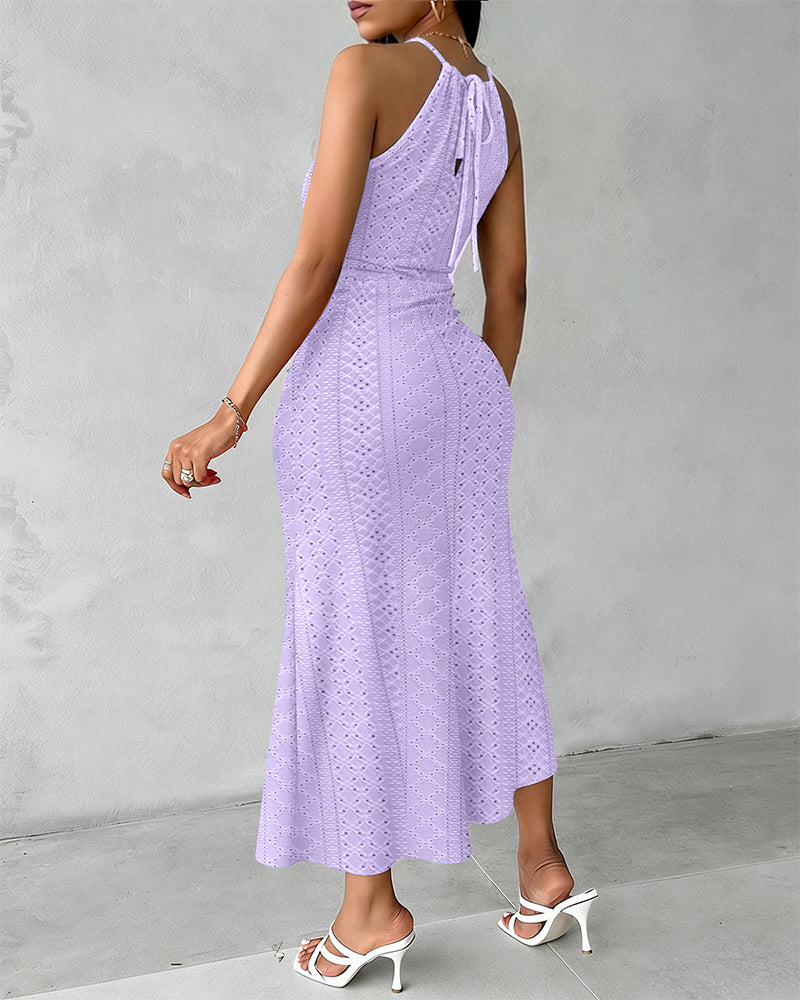 Textured Criss Cross Halter Knit Dress with Front Slit