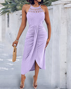 Textured Criss Cross Halter Knit Dress with Front Slit