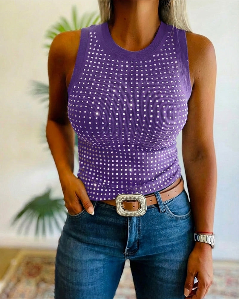 Embellished Rhinestone O-Neck Sleeveless Slim Ribbed Tank Top