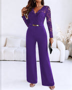 V-Neck Lace Jumpsuit with Scallop Trim and Zipper Back