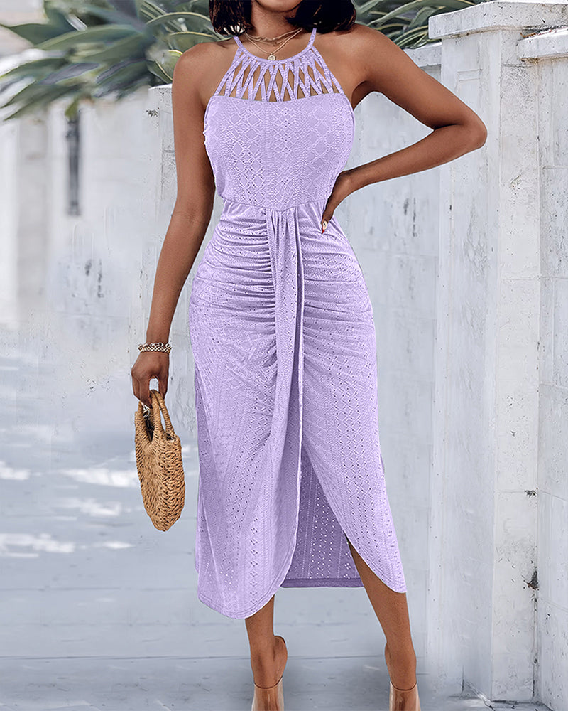 Textured Criss Cross Halter Knit Dress with Front Slit