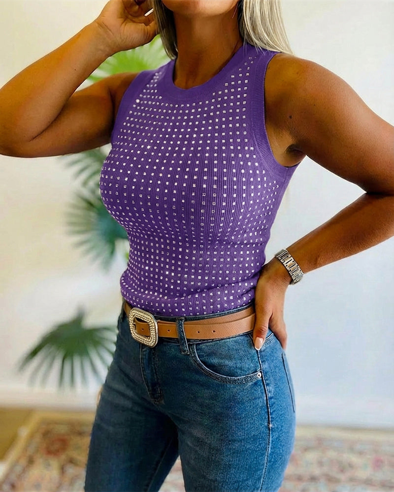 Embellished Rhinestone O-Neck Sleeveless Slim Ribbed Tank Top