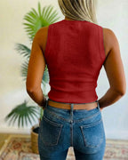 Embellished Rhinestone O-Neck Sleeveless Slim Ribbed Tank Top