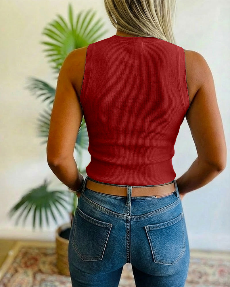 Embellished Rhinestone O-Neck Sleeveless Slim Ribbed Tank Top