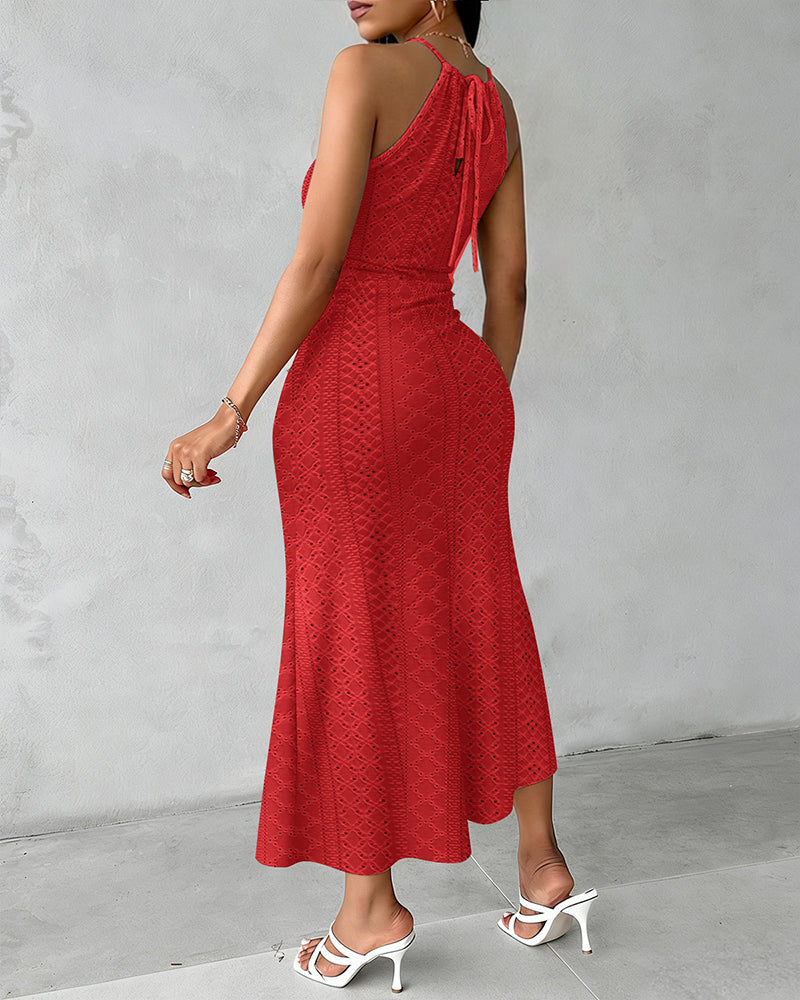 Textured Criss Cross Halter Knit Dress with Front Slit