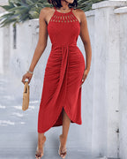 Textured Criss Cross Halter Knit Dress with Front Slit