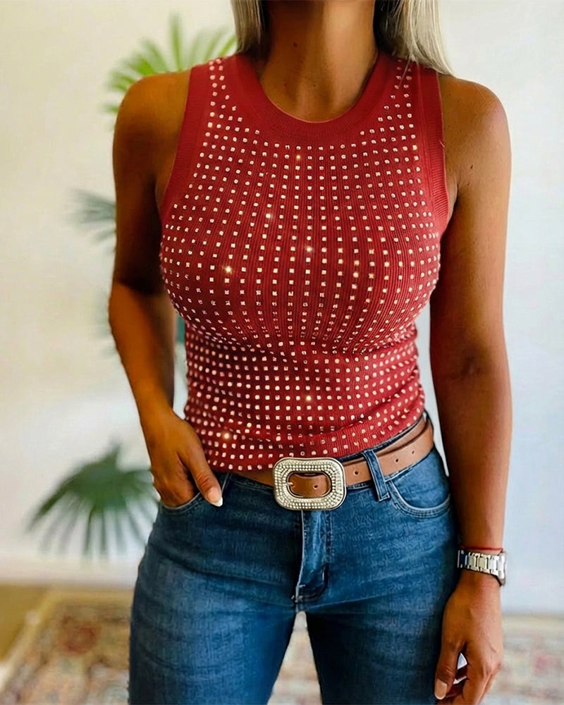 Embellished Rhinestone O-Neck Sleeveless Slim Ribbed Tank Top