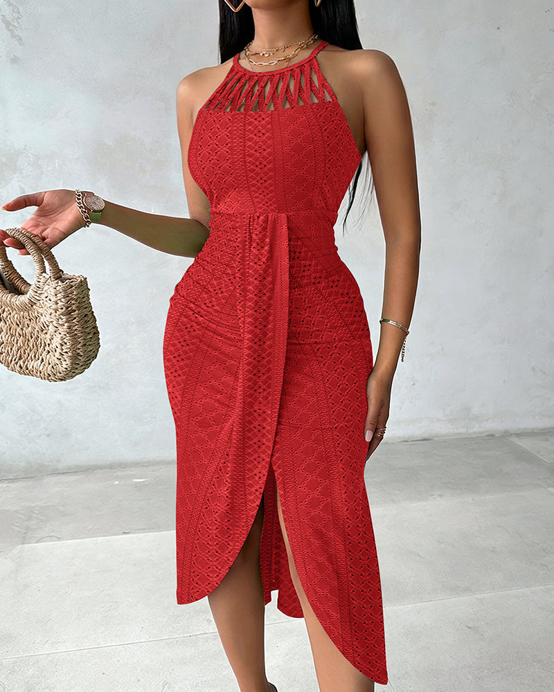 Textured Criss Cross Halter Knit Dress with Front Slit