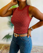 Embellished Rhinestone O-Neck Sleeveless Slim Ribbed Tank Top