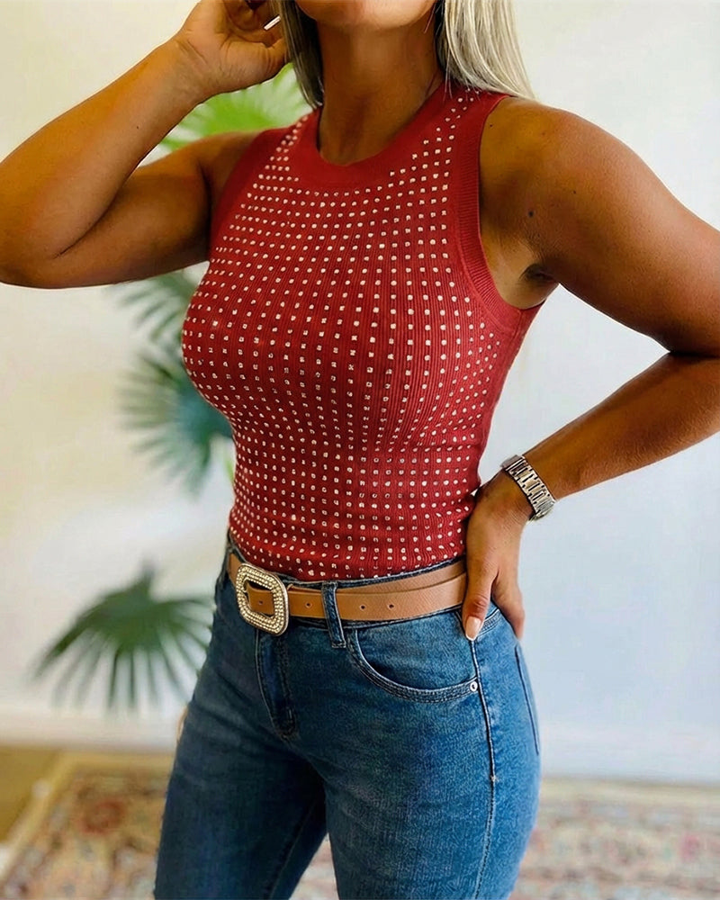 Embellished Rhinestone O-Neck Sleeveless Slim Ribbed Tank Top