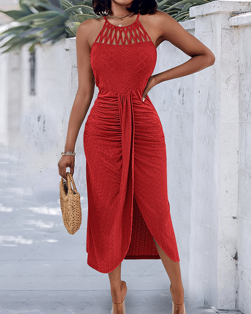 Textured Criss Cross Halter Knit Dress with Front Slit
