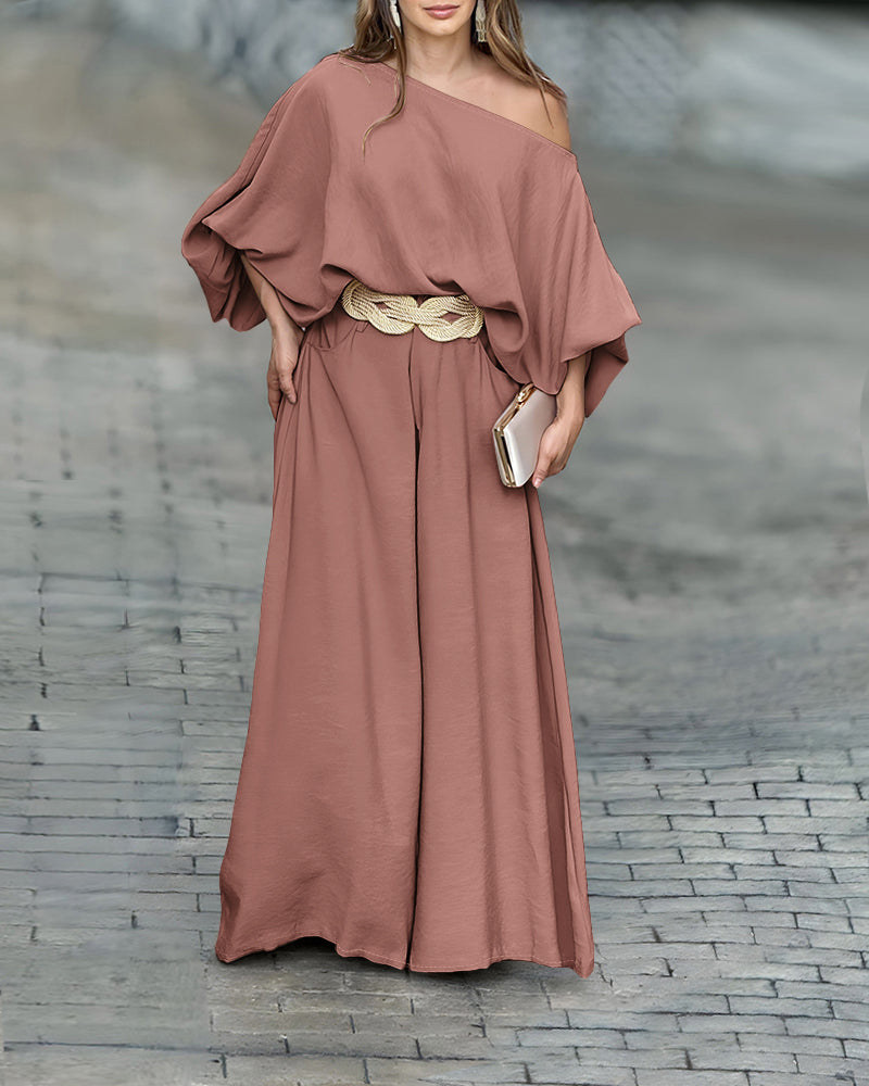 Lantern Sleeve Top and Wide Leg Pants Set with Zipper