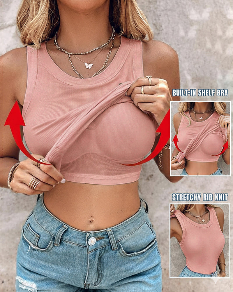 Round Neck Ribbed Tank Top with Integrated Bra