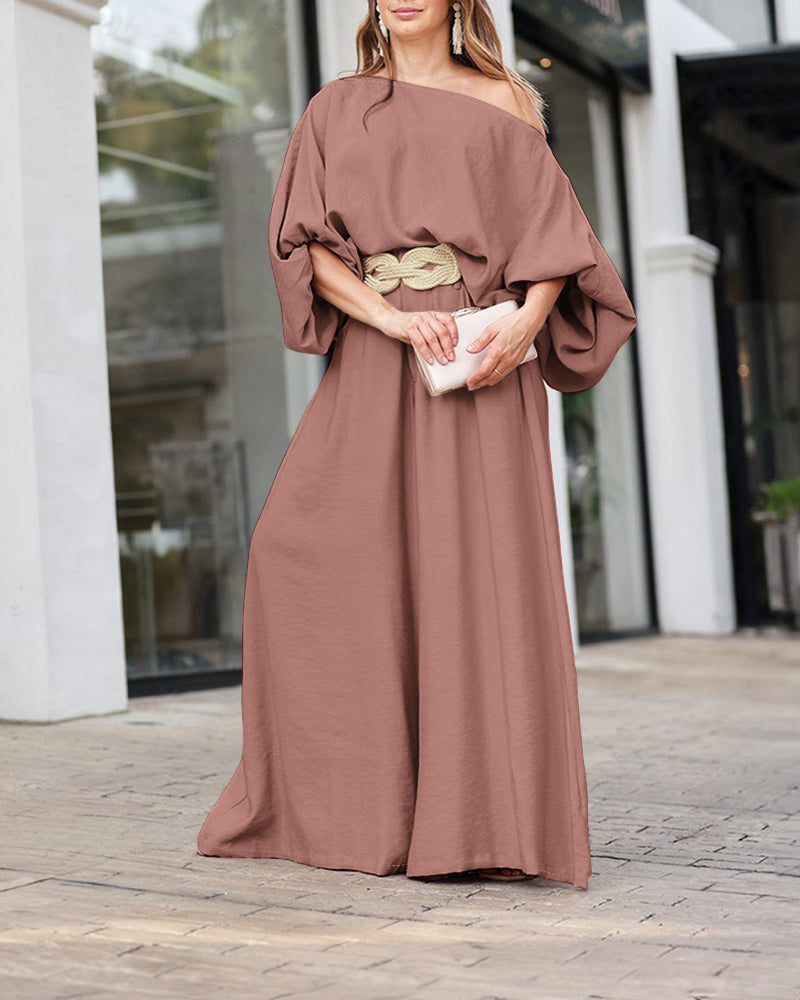 Lantern Sleeve Top and Wide Leg Pants Set with Zipper