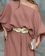 Lantern Sleeve Top and Wide Leg Pants Set with Zipper
