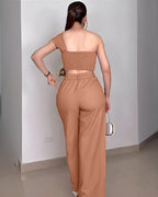 One-Shoulder Rhinestone Floral Crop Top with High-Waisted Pants Set