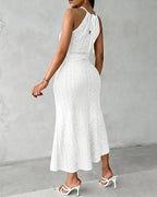 Textured Criss Cross Halter Knit Dress with Front Slit