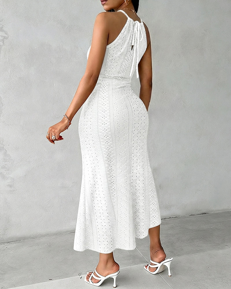 Textured Criss Cross Halter Knit Dress with Front Slit