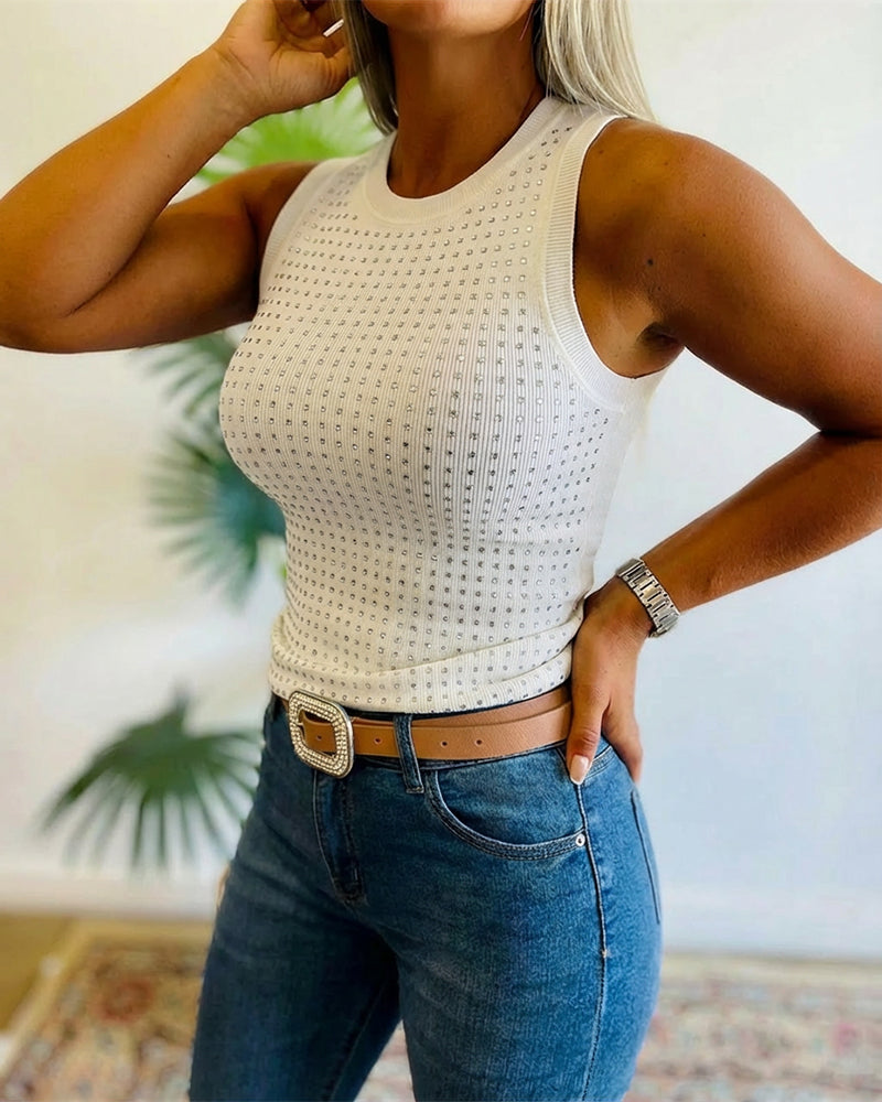Embellished Rhinestone O-Neck Sleeveless Slim Ribbed Tank Top