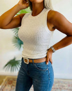 Embellished Rhinestone O-Neck Sleeveless Slim Ribbed Tank Top