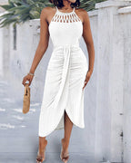 Textured Criss Cross Halter Knit Dress with Front Slit