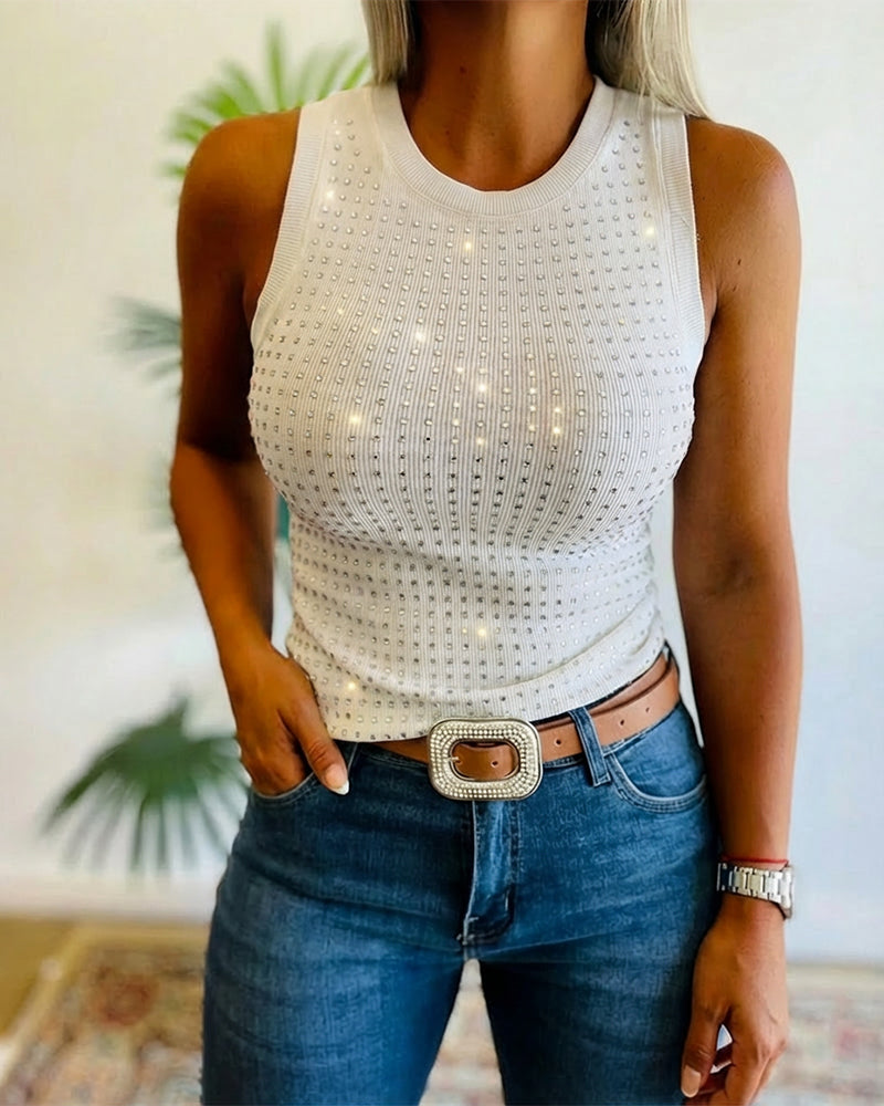 Embellished Rhinestone O-Neck Sleeveless Slim Ribbed Tank Top
