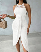 Textured Criss Cross Halter Knit Dress with Front Slit