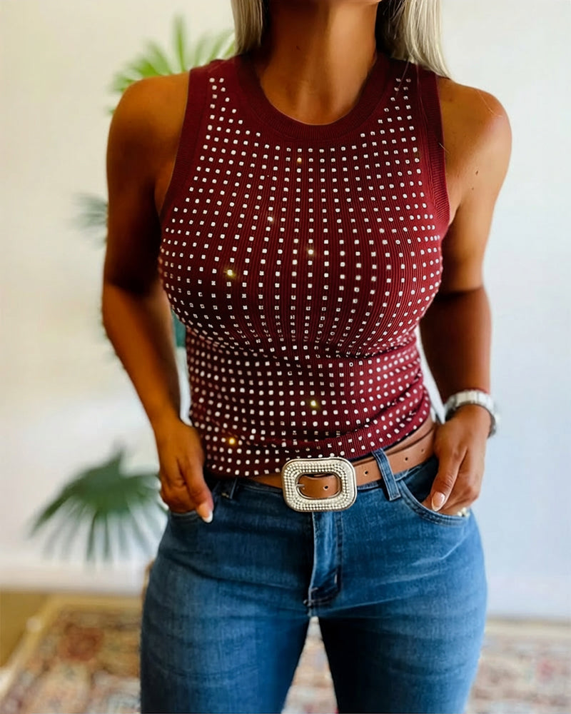 Embellished Rhinestone O-Neck Sleeveless Slim Ribbed Tank Top