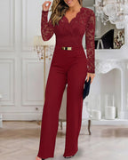 V-Neck Lace Jumpsuit with Scallop Trim and Zipper Back