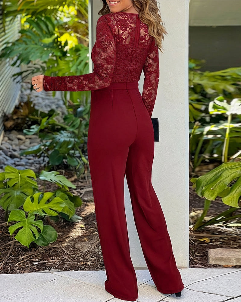 V-Neck Lace Jumpsuit with Scallop Trim and Zipper Back