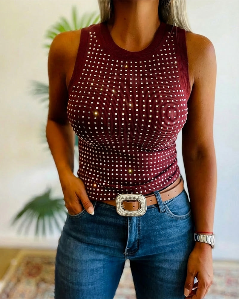 Embellished Rhinestone O-Neck Sleeveless Slim Ribbed Tank Top