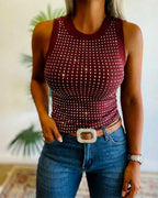 Embellished Rhinestone O-Neck Sleeveless Slim Ribbed Tank Top