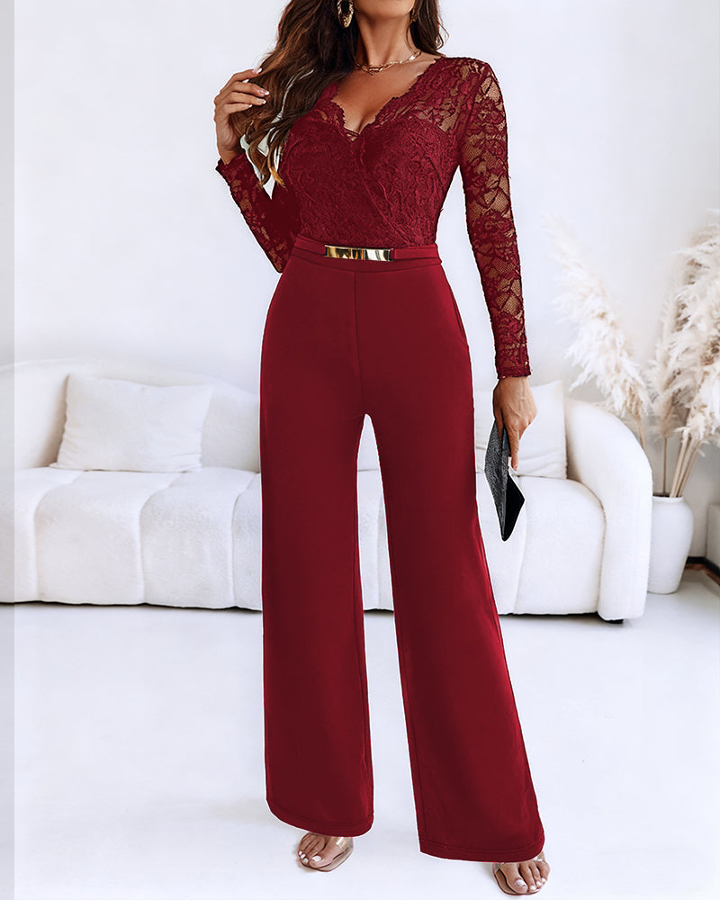 V-Neck Lace Jumpsuit with Scallop Trim and Zipper Back