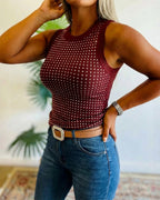 Embellished Rhinestone O-Neck Sleeveless Slim Ribbed Tank Top