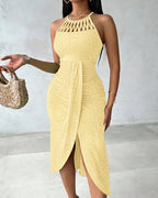 Textured Criss Cross Halter Knit Dress with Front Slit